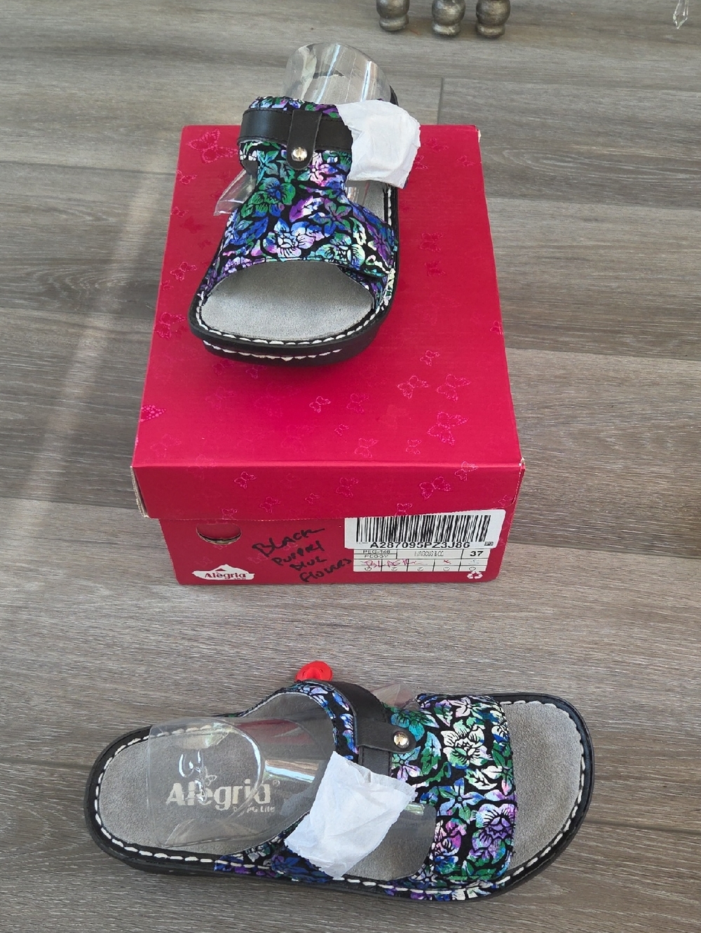 Alegria Peggy Hibscius & Co Purple Blue Black Flower Slides 7